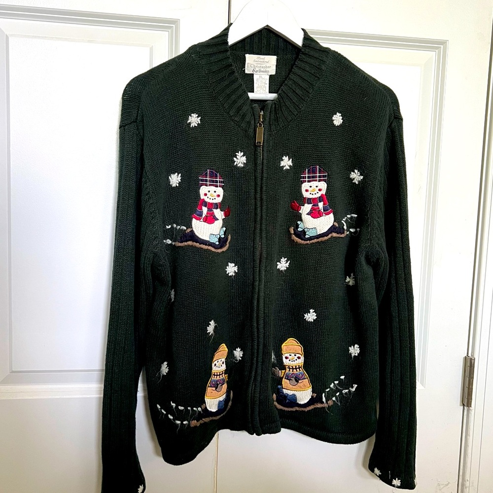 Vintage 2000’s Y2K Christopher & Banks Hand Embroidered Snowman Cardigan Blk XL